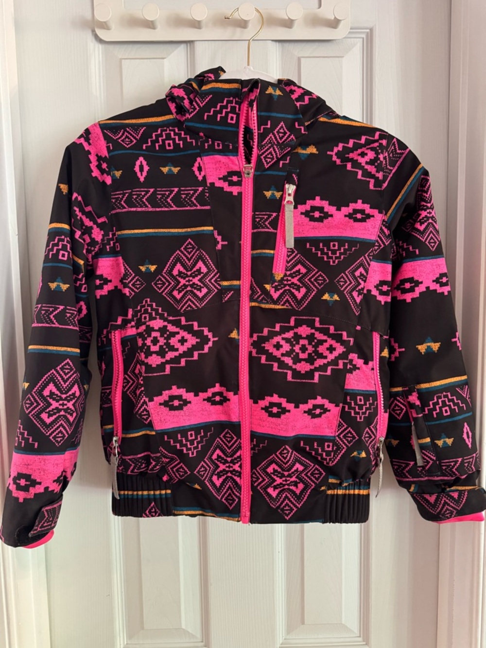 Spyder Kids Black & Hot Pink Aztec Hooded Puffer Jacket Size 10